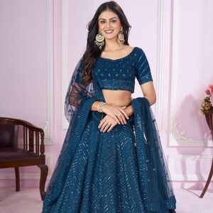 Sequin Embellished Lehenga Choli Set, Navy Blue, Crop Top with Flared Skirt, Ne